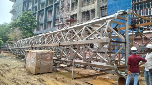 Large truss element for an industrial building facade.