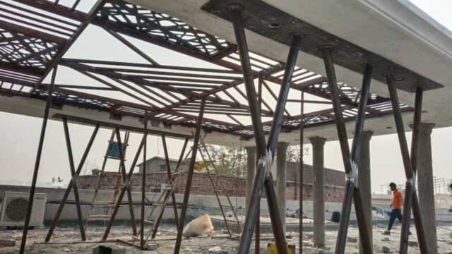 intricate metal framework at a construction site